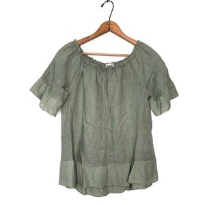 Terzo Millennio | Sage Green Linen Peasant Off Shoulder Ruffle Blouse Size Small